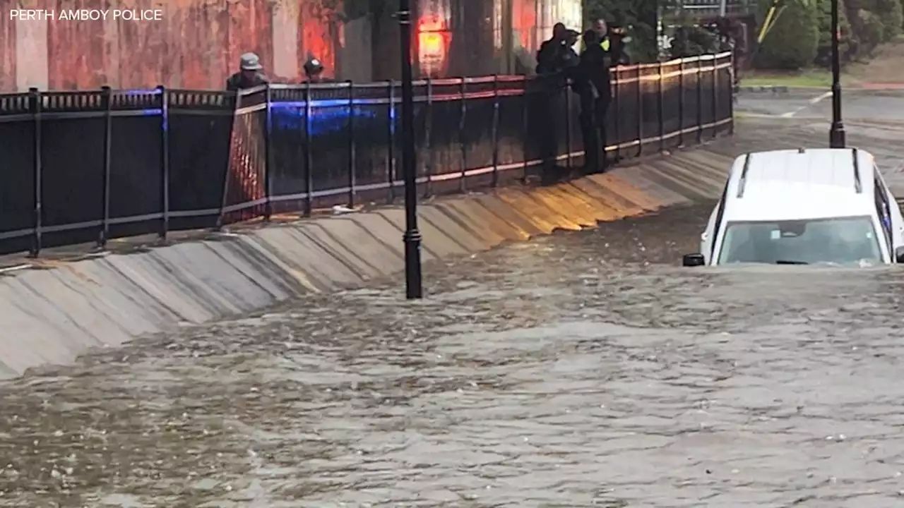 Woman and her pet rescued from car submerged in floodwater in New Jersey