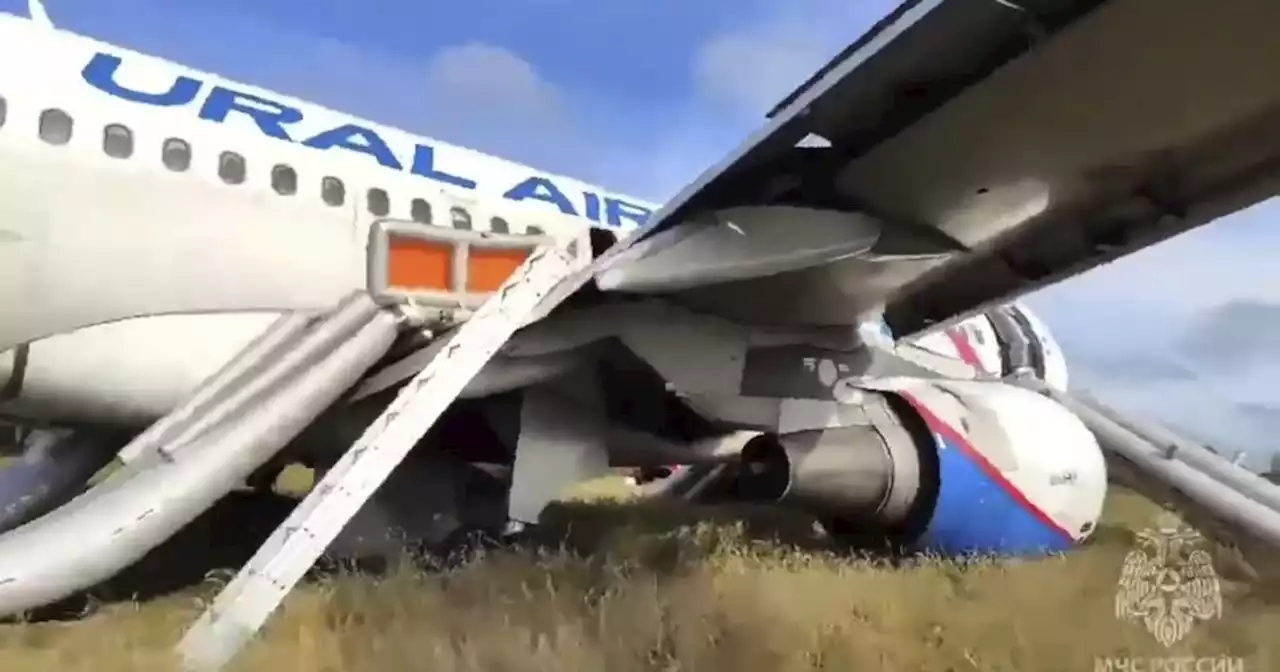 A Russian passenger jet with a hydraulics problem makes a safe emergency landing in an open field