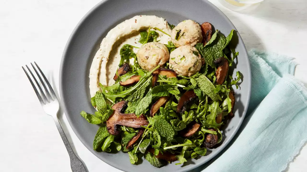 Chicken Meatballs With Whipped Tahini and Arugula