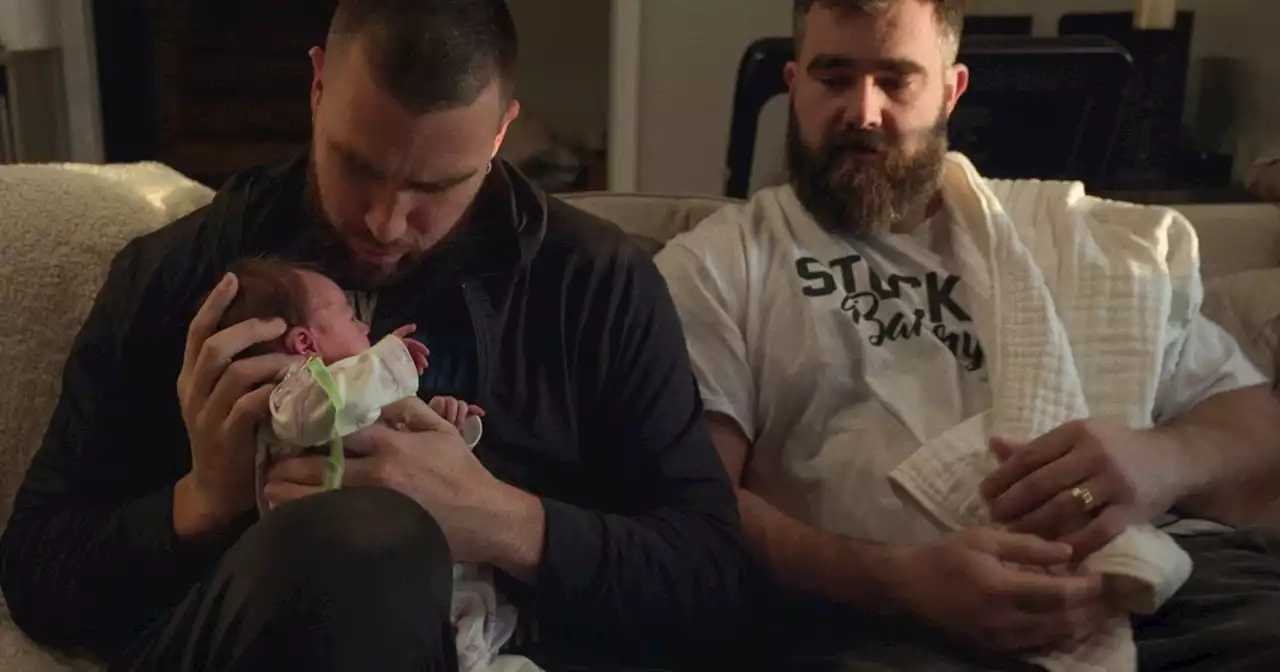 Jason Kelce coaches brother Travis Kelce on how to hold his baby: 'Just like a football'