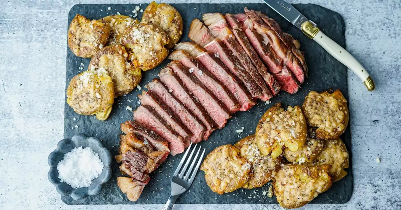 Upgrade your steak dinner with rib-eye steak and smashed potatoes