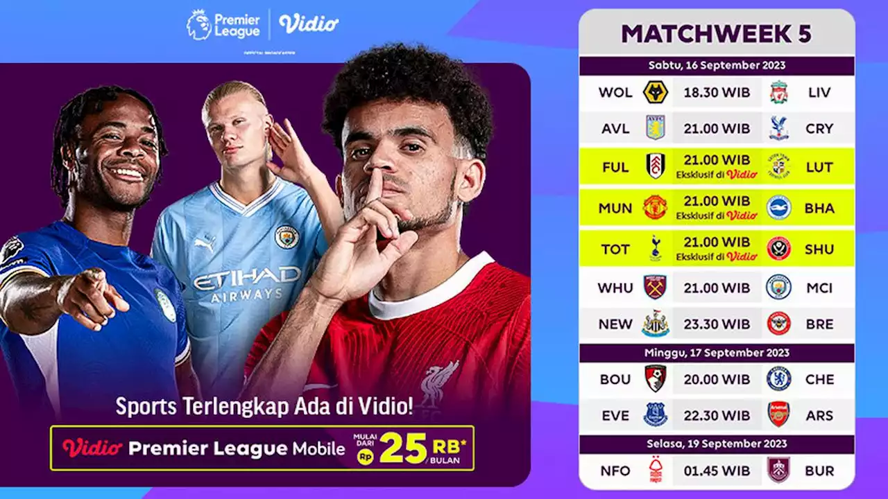 Jadwal dan Link Siaran Langsung Liga Inggris Pekan ke-5, 16-19 September 2023 di Vidio