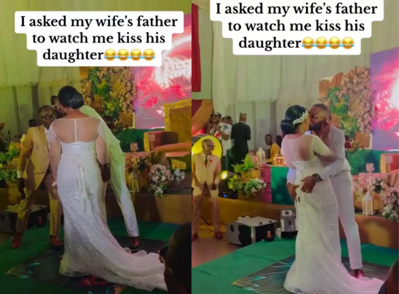 Watch: Drama as Groom asks father-in-law to watch him kiss wife (Video)