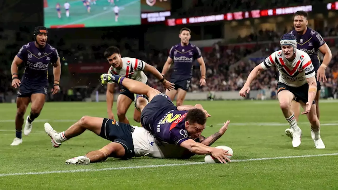 Spectacular aerial try in 79th minute keeps Storm's season alive in remarkable finals finish against Roosters