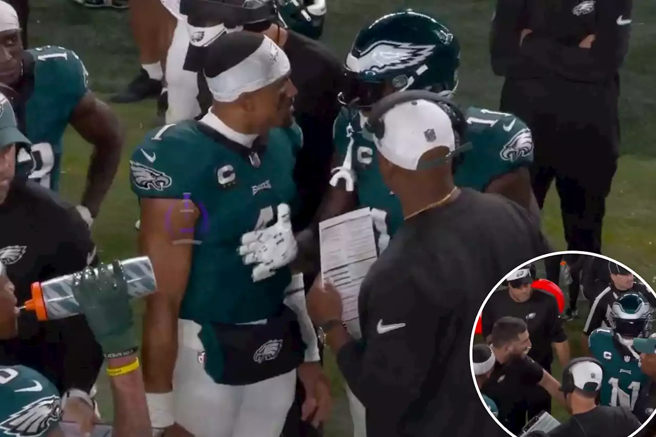 Eagles’ A.J. Brown, Jalen Hurts spotted in fiery sideline spat