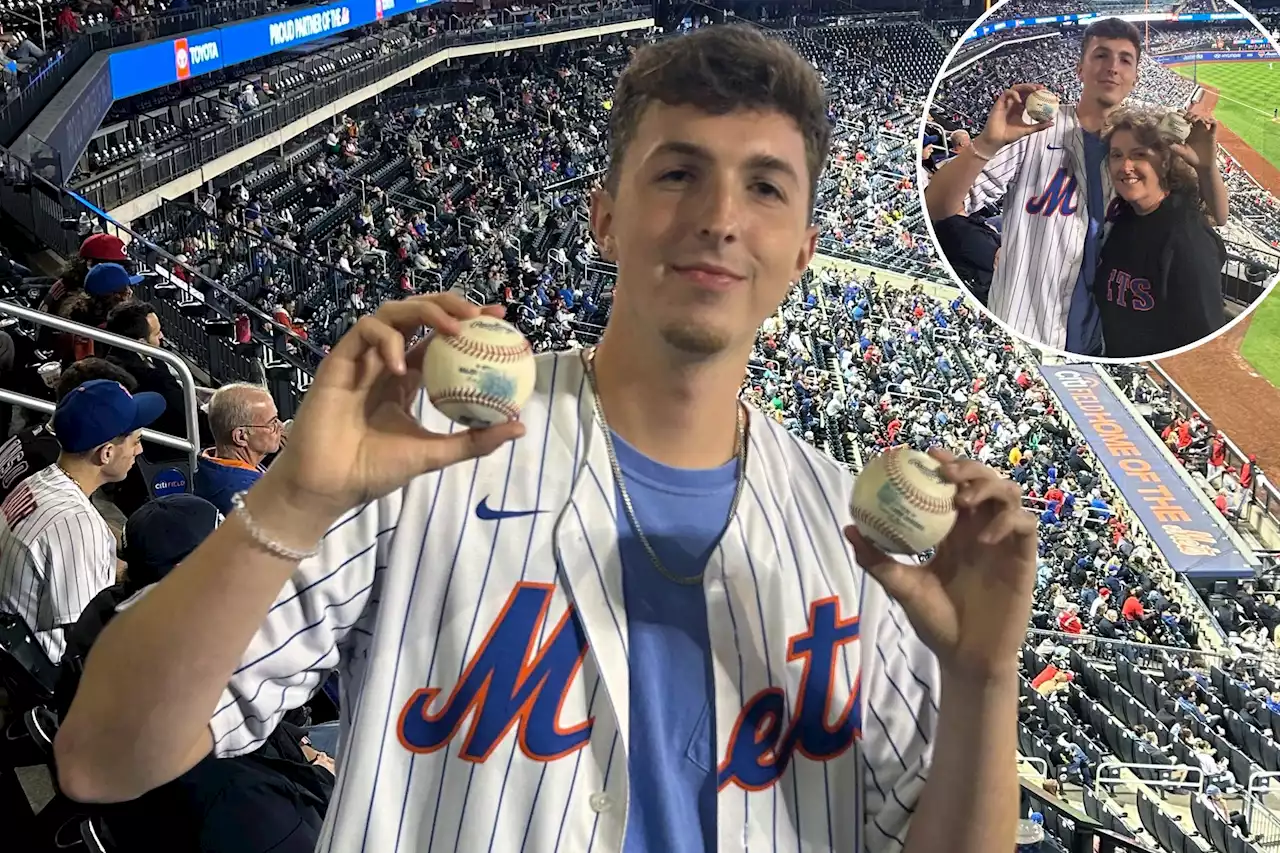 Mets fan snags two foul balls in three-pitch sequence, gives them to his mom