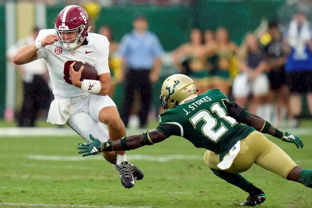 Watch Nick Saban, Alabama head for cover after lightning delay pauses USF game