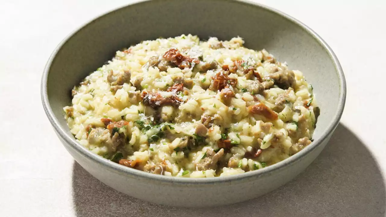 Sausage and sun-dried tomato risotto doesn’t require all that extra stirring