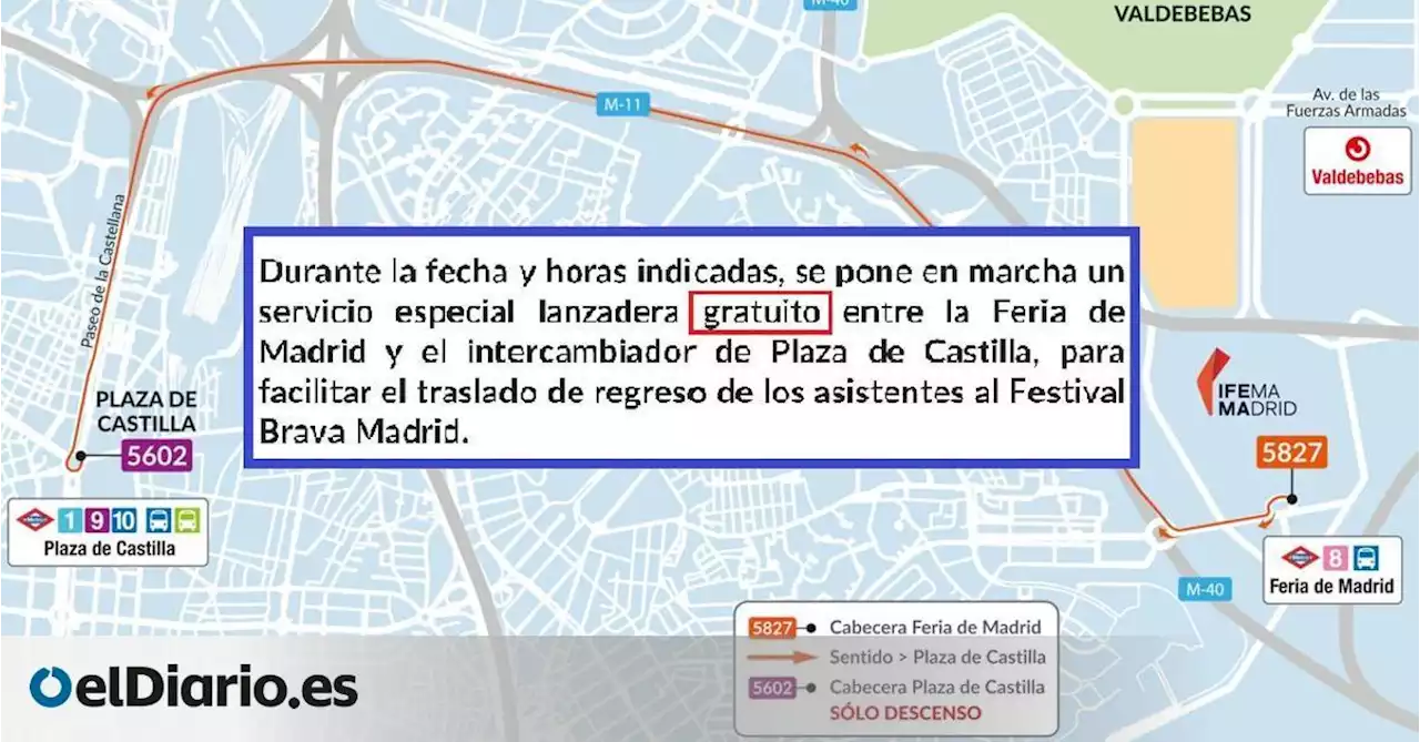 Dos festivales de Madrid cobran 9 euros por un bus de la EMT anunciado como gratuito por el Ayuntamiento