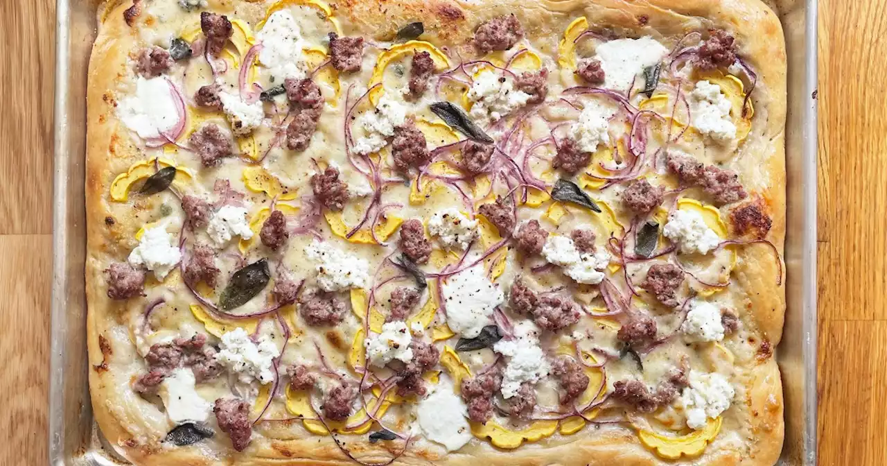 An easy fall sheet-pan pizza featuring sausage and squash