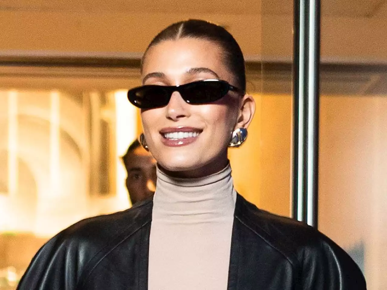 Hailey Bieber Went Full ‘Matrix’ With No Pants and a Sweeping Leather Trench Coat