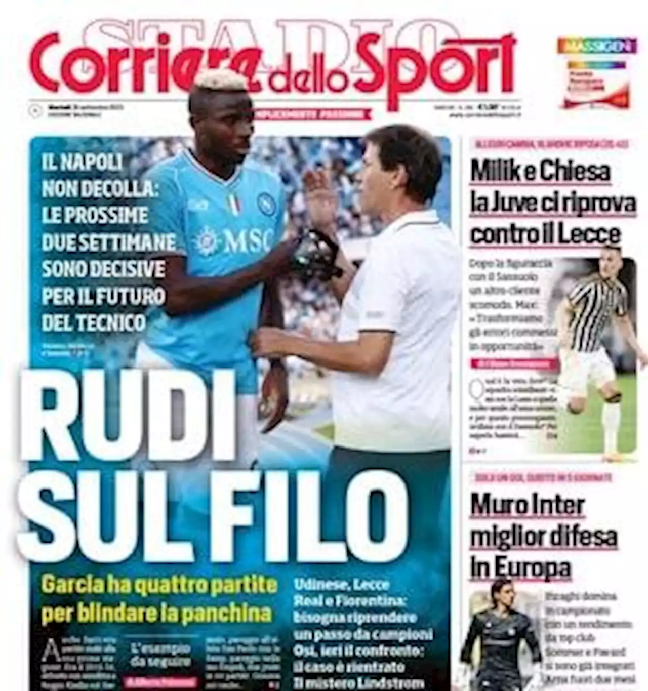 Il Corriere dello Sport apre in prima pagina sulla panchina del Napoli: 'Rudi sul filo'