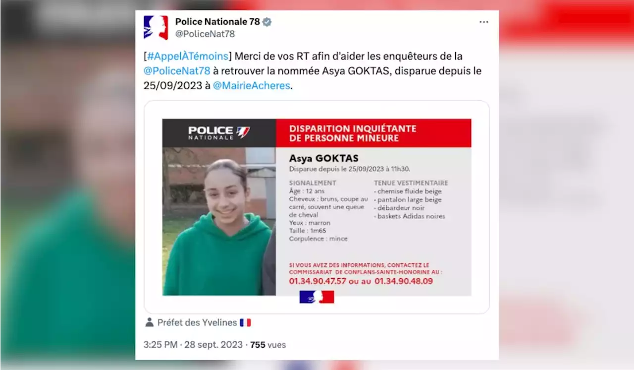 Disparition inquiétante dans les Yvelines : un appel à témoins lancé pour retrouver Asya, 12 ans