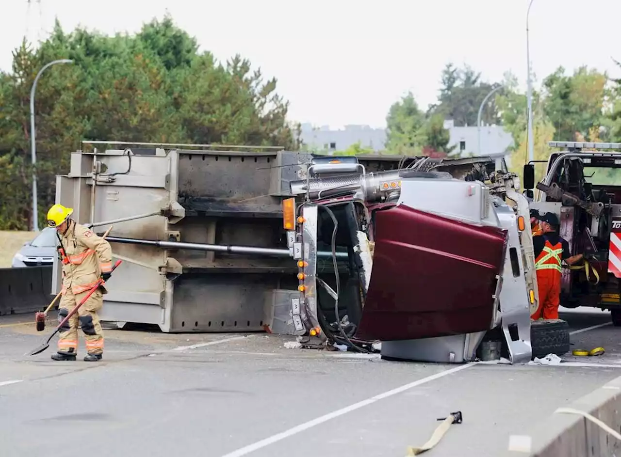 Truck flips on Pat Bay Highway, traffic diverted through Royal Oak