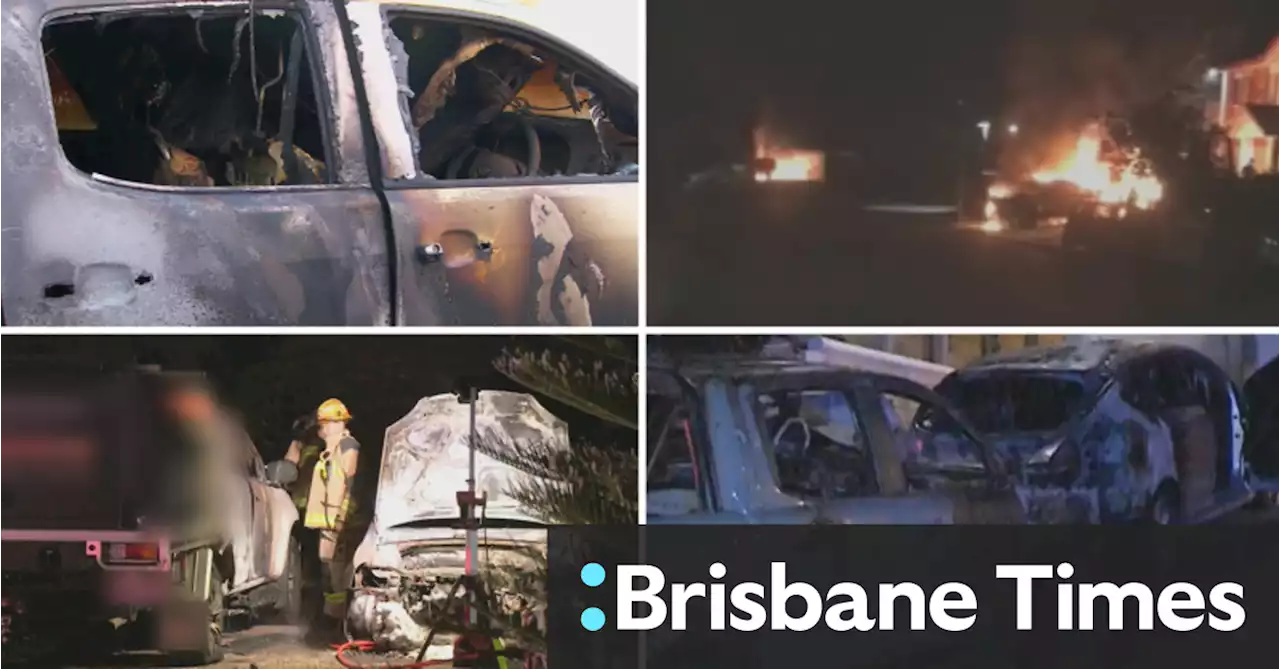 Police hunt man after five cars and bin set on fire in Queensland