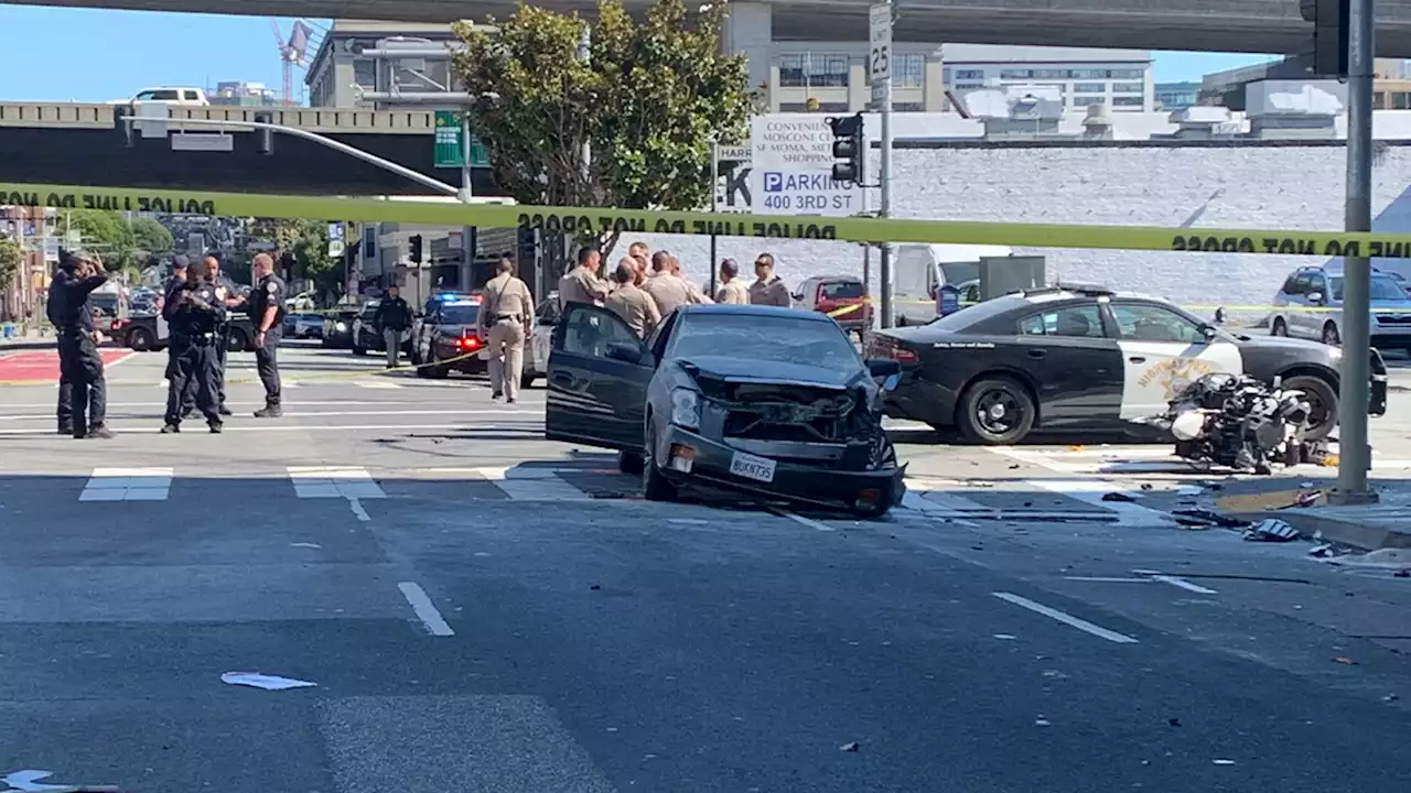 2 hurt after car collides with CHP motorcycle in San Francisco, police say