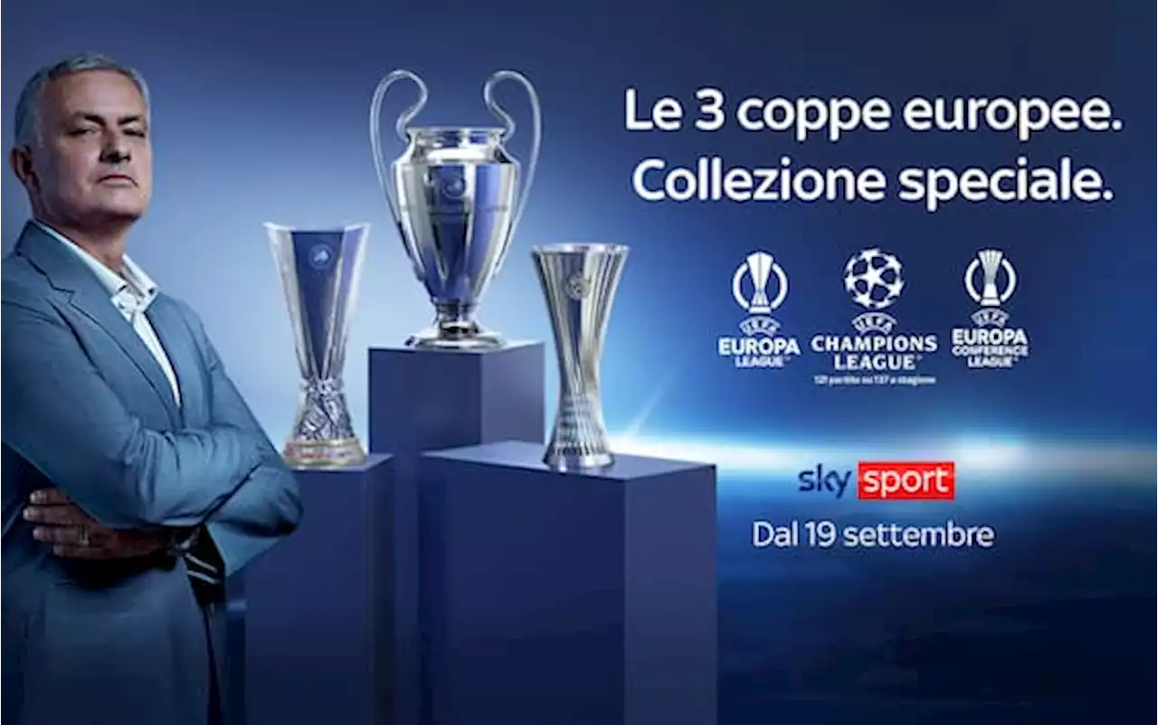 Mourinho presenta le tre coppe europee di Sky