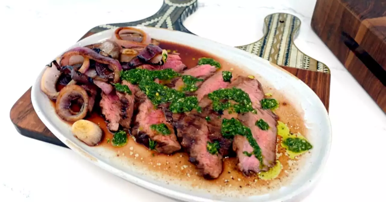 Jet Tila serves grilled flank steak with homemade chimichurri sauce