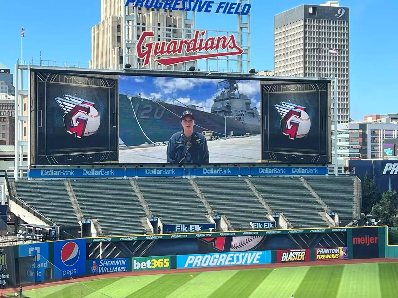 Guardians surprise outfielder with scoreboard message from Navy officer sister