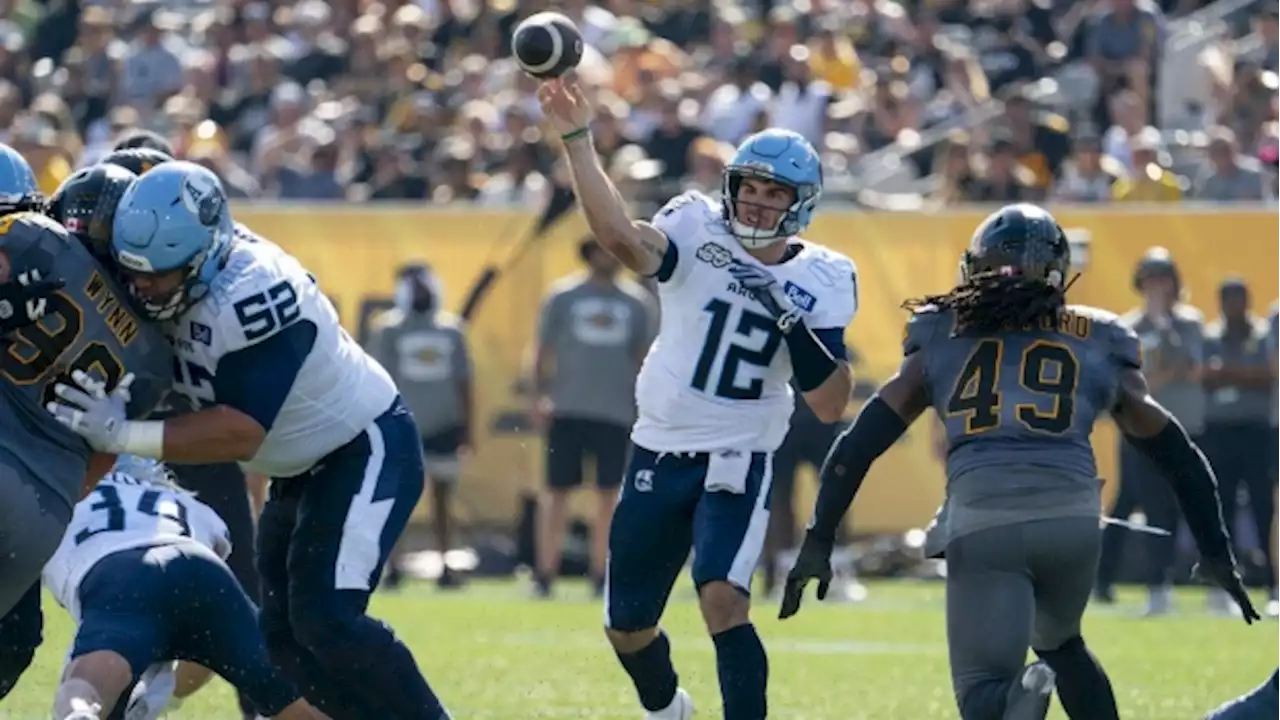 Kelly throws two TD passes, scores another in Argos' 41-28 Labour Day win over Ticats