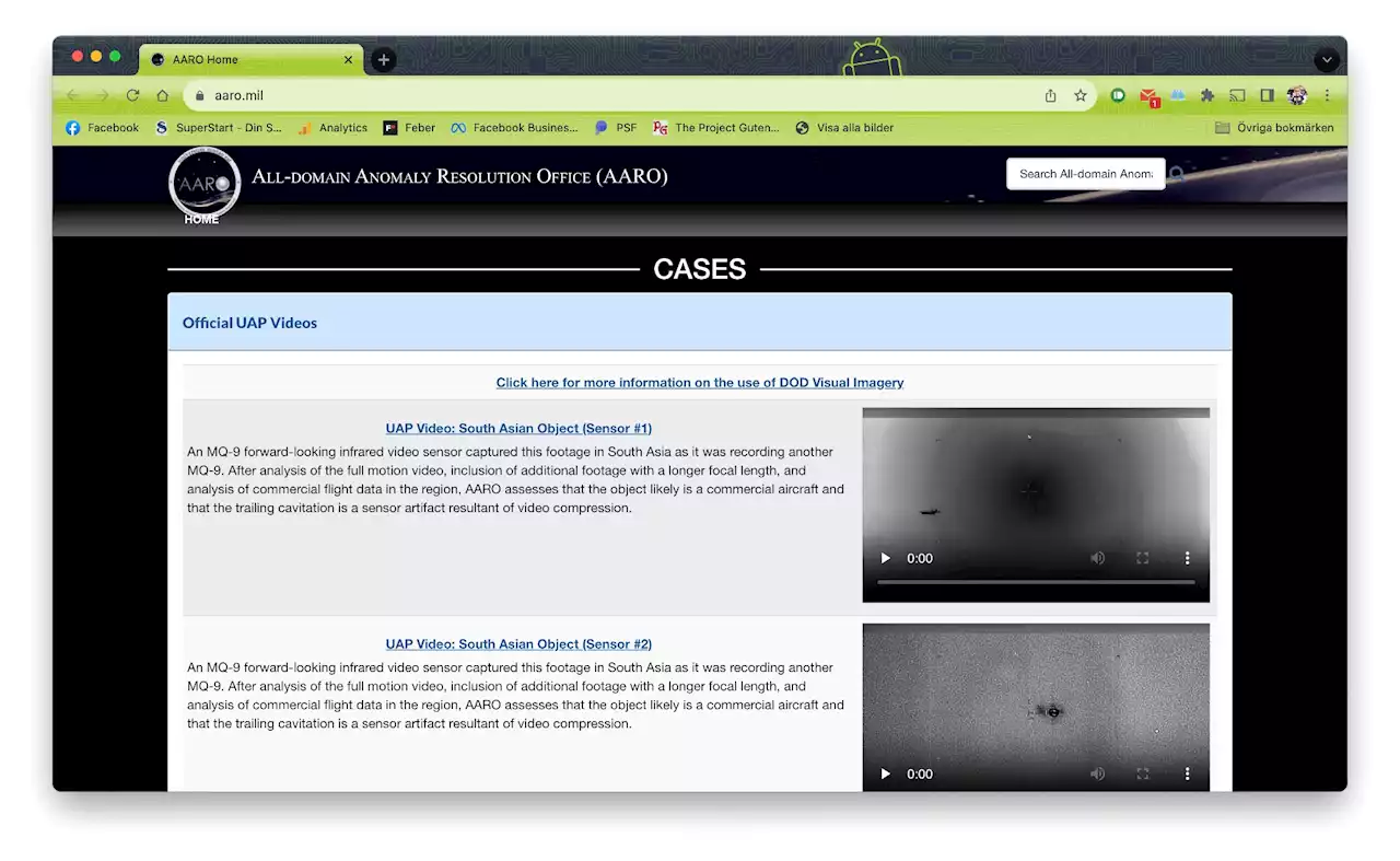 USA:s försvarsdepartment släpper UFO-sajt. Med filmer och statistik.