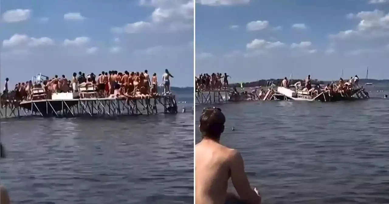 Moment pier suddenly crumbles and dumps dozens of students into lake