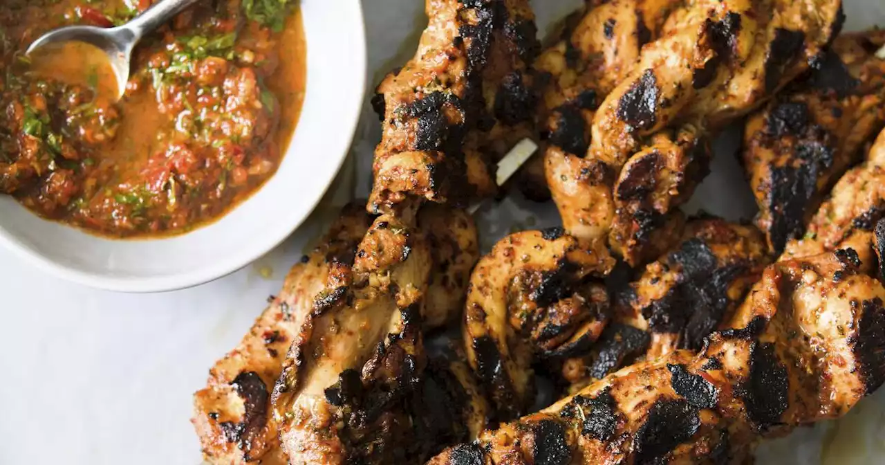 For juicier Turkish grilled chicken skewers, think strips not chunks