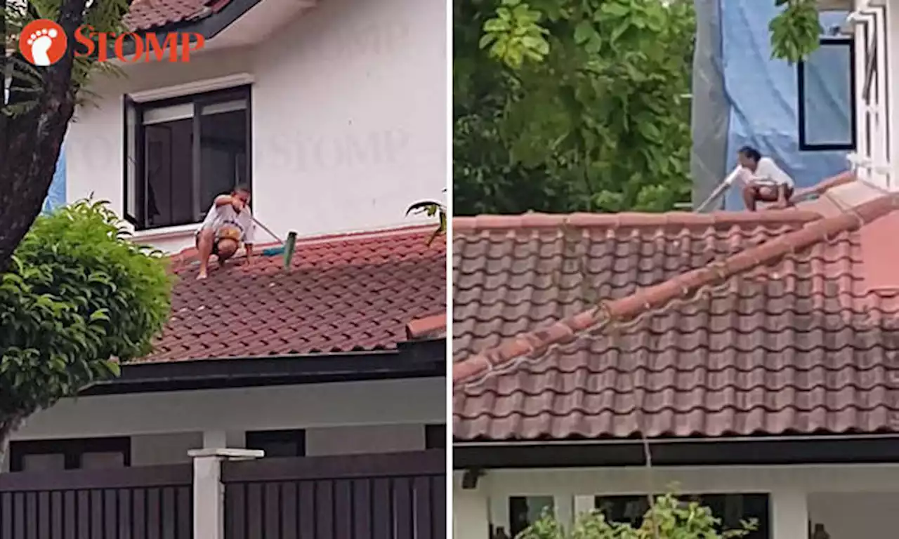 Helper risks life and limb to sweep roof of landed property near Holland Road