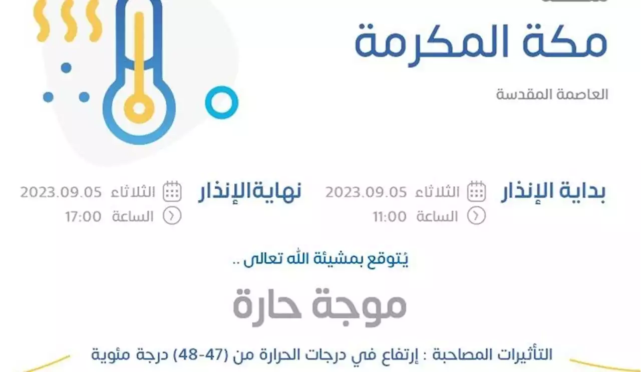 إنذار أصفر لـ 5 مساءً.. 'الأرصاد' يُحذر من موجة حارة على العاصمة المقدسة - صحيفة تواصل الالكترونية | صحيفة إخبارية سعودية شاملة لأخبار اقتصادية واجتماعية وسياسية