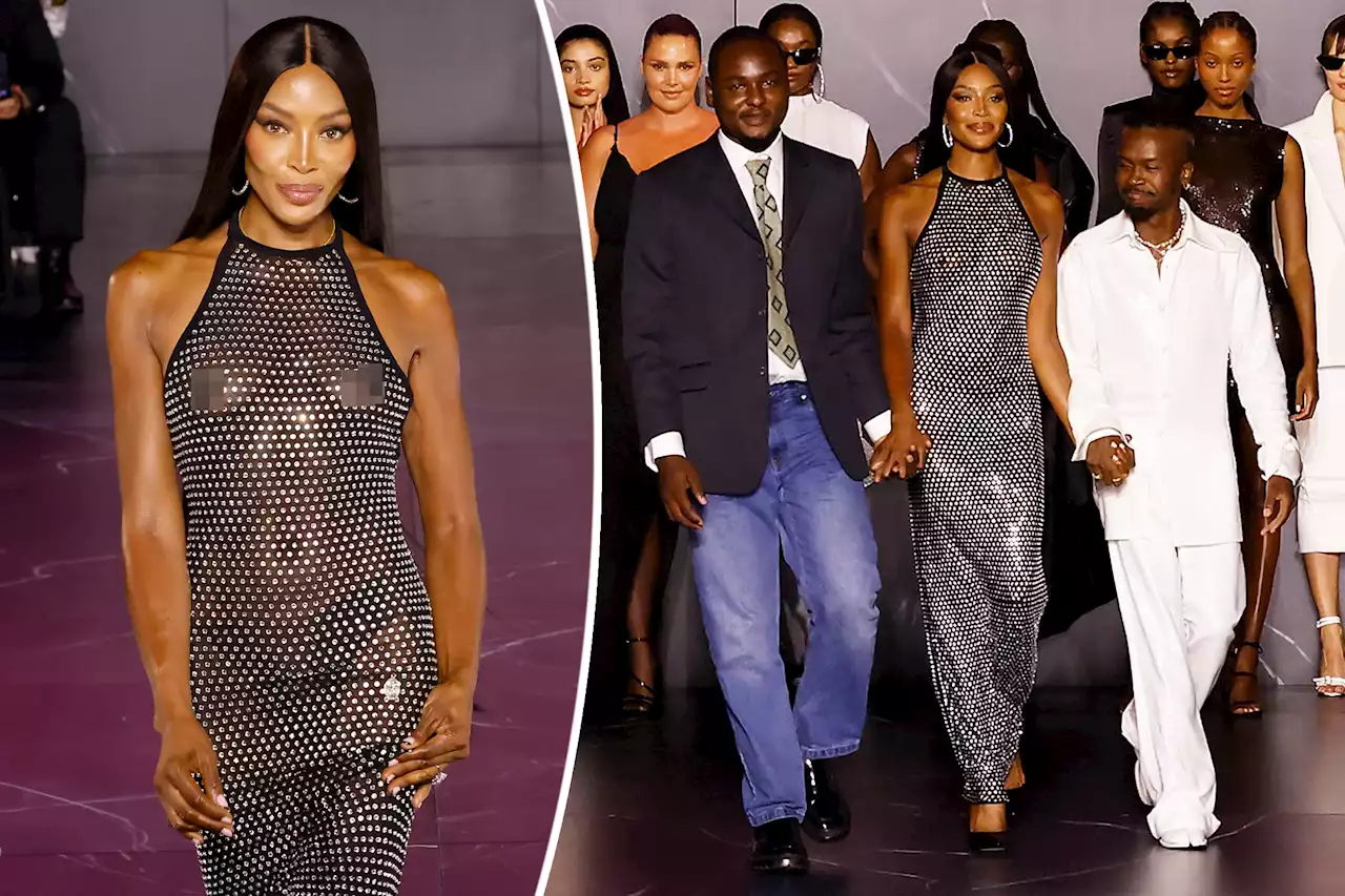 Naomi Campbell struts her stuff in sheer, sparkling dress at PrettyLittleThing runway show