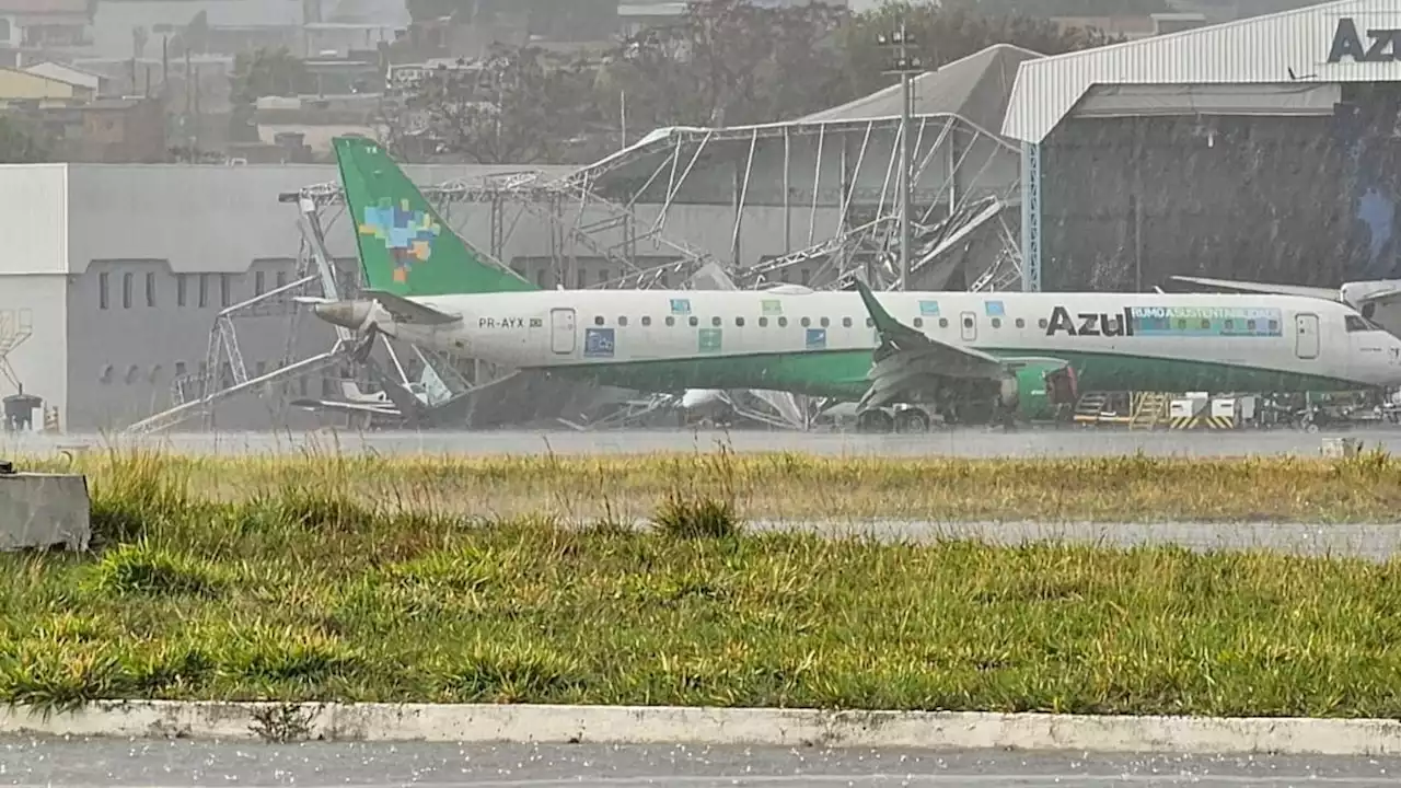 Ventos fortes derrubam hangar no Aeroporto de Pampulha, em Minas Gerais