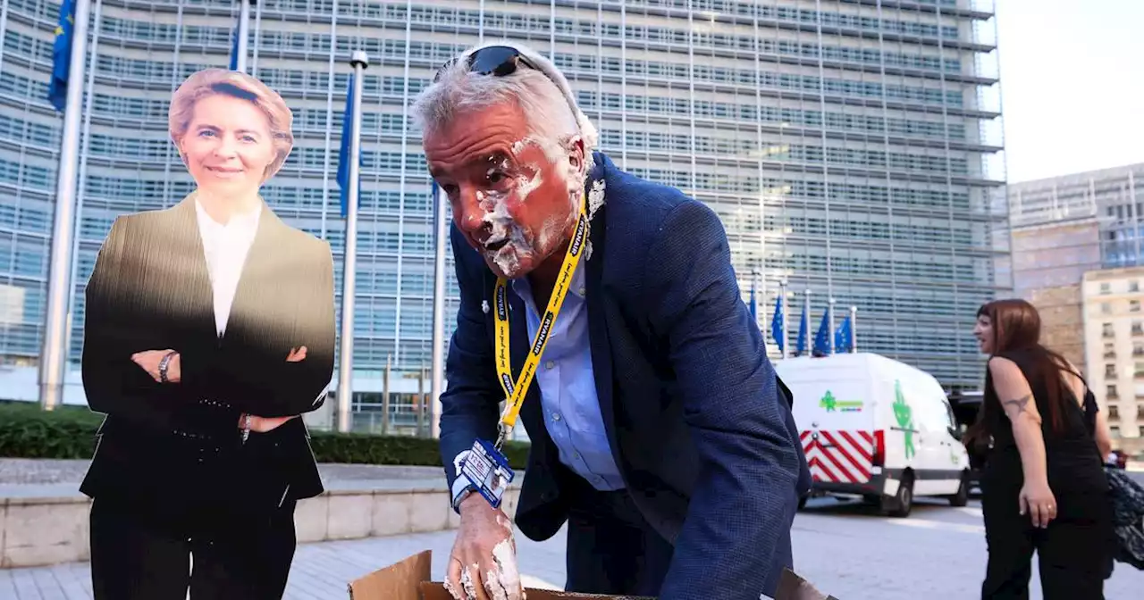 Ryanair chief O’Leary gets pied by activists at his own protest