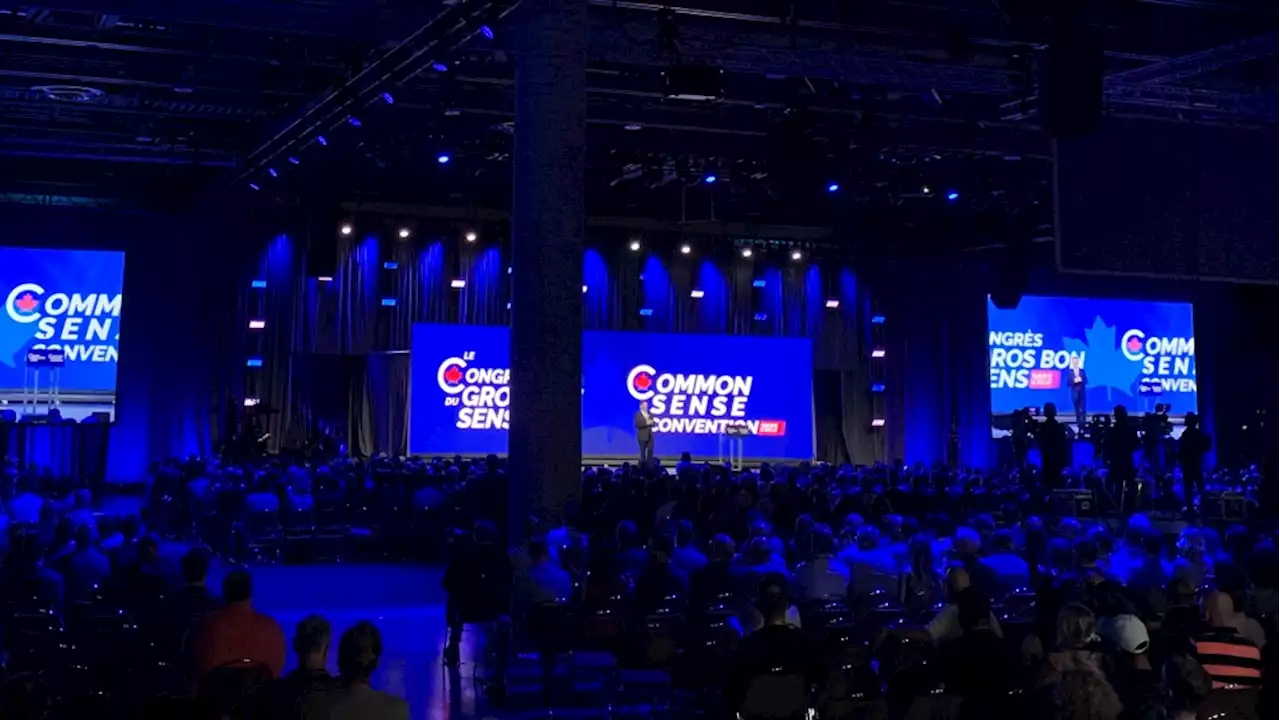 Poilievre delivering rally-style Conservative convention speech