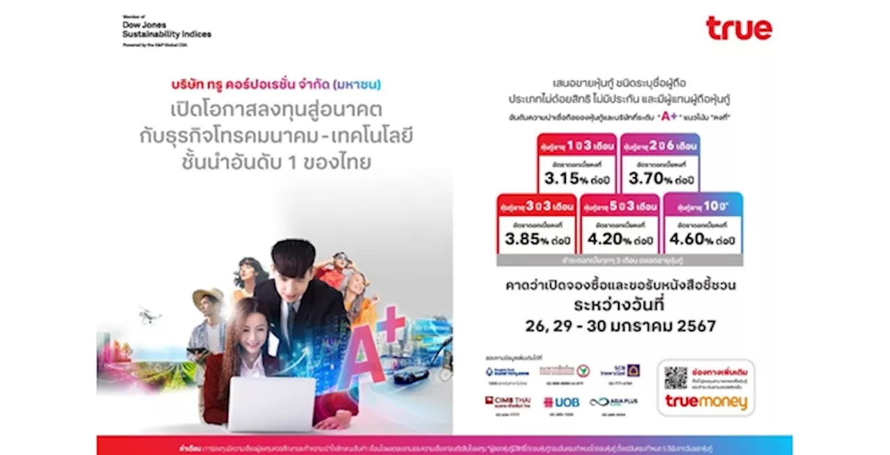 เคาะแล้ว . . . อัตราดอกเบี้ยหุ้นกู้เรทติ้ง A+ “ทรู คอร์ปอเรชั่น” 5 ชุดใหม่ 3.15 – 4.60% อายุหุ้นกู้ 1 ปี 3 เดือน ถึง 10 ปี คาดเสนอขาย 26