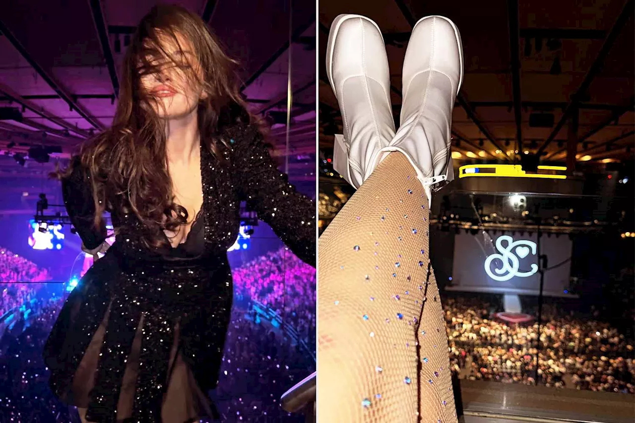 Selena Gomez Teams Sexy Sheer LBD with Crystal Fishnets and Boots at Sabrina Carpenter Concert