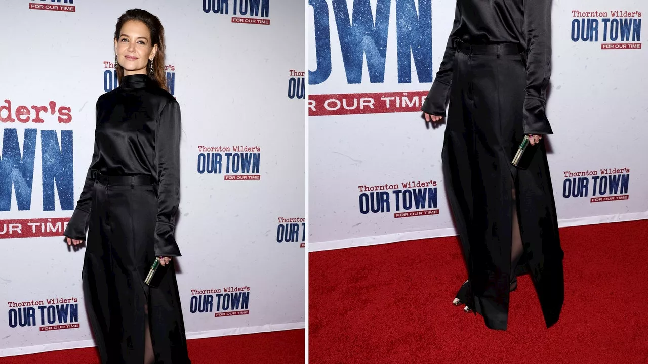 Katie Holmes regresa a Broadway con una blusa elegante y falda larga en octubre 2024