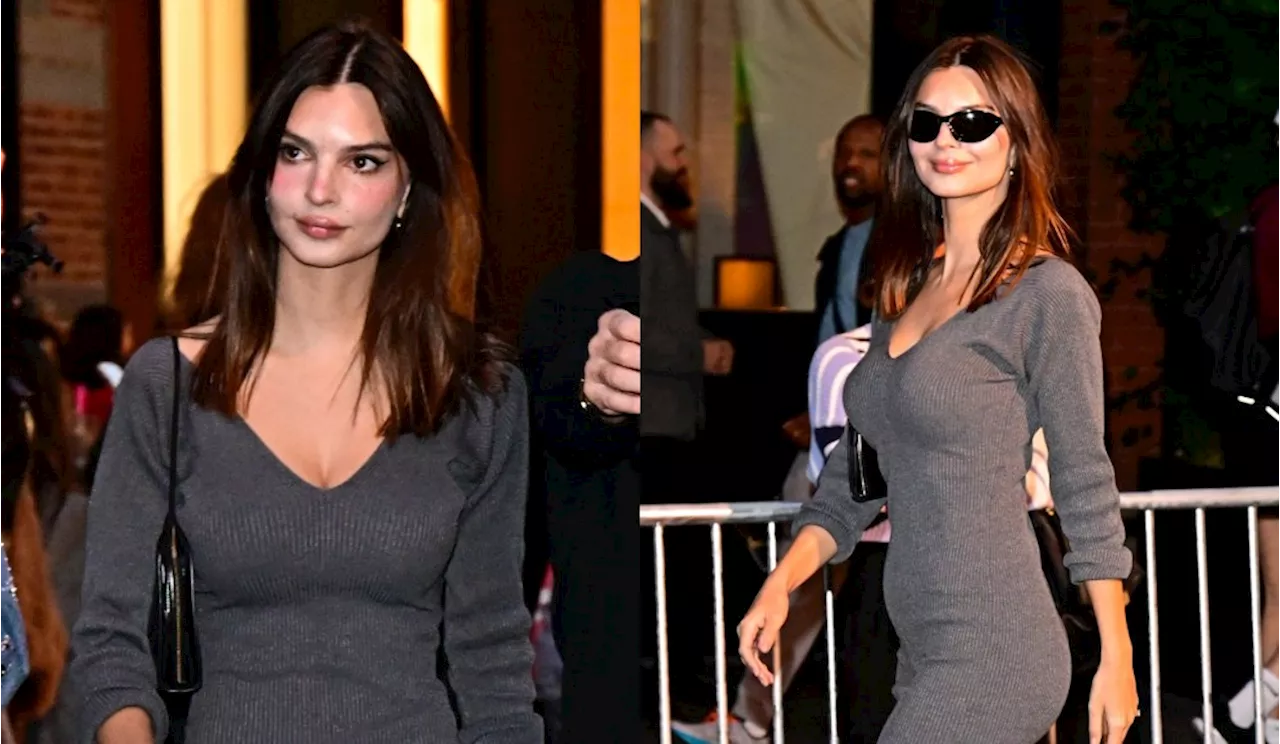 Emily Ratajkowski Cozies Up in Plunging Gray Sweater Dress at H&M Block Party in New York