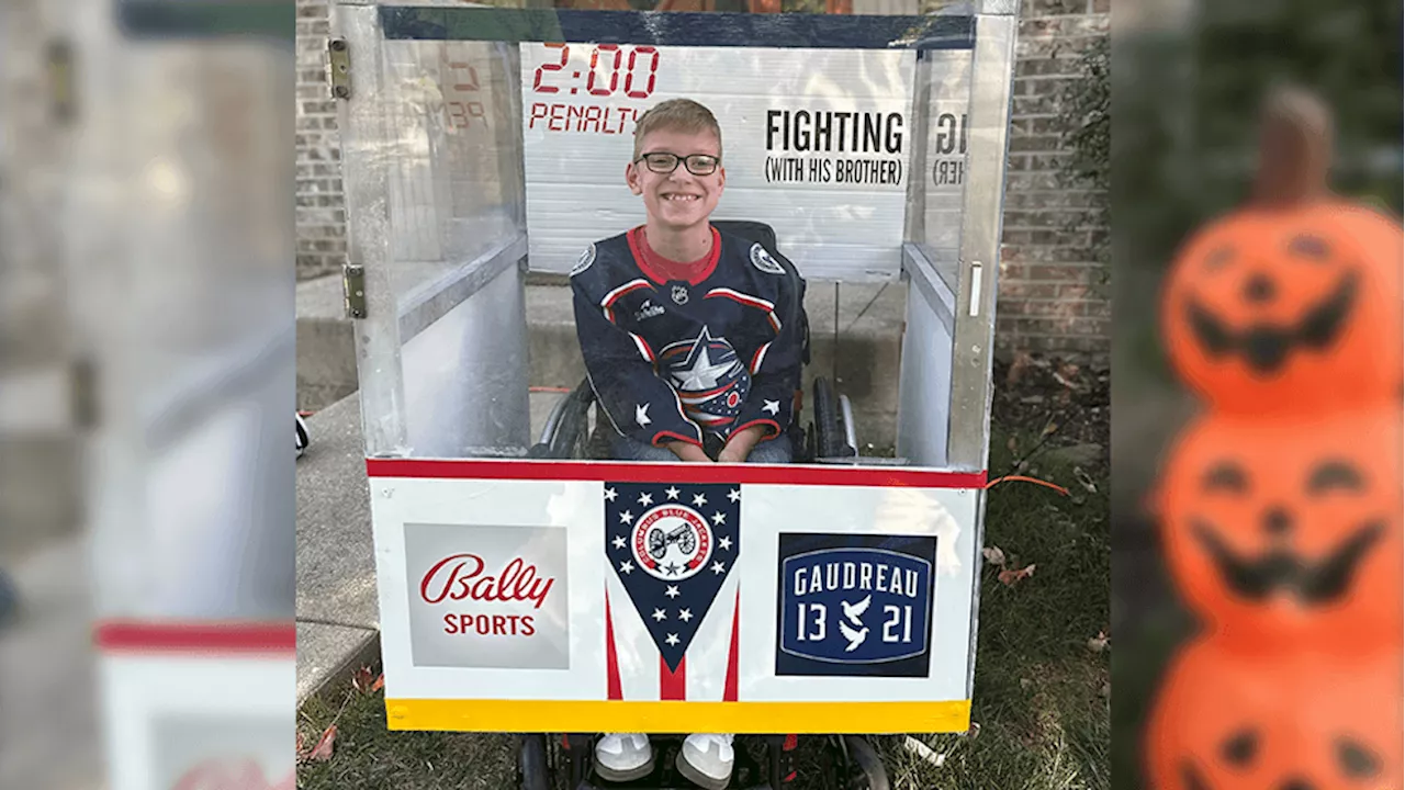 Boy with spina bifida unveils CBJ wheelchair costume with tribute to Gaudreau brothers