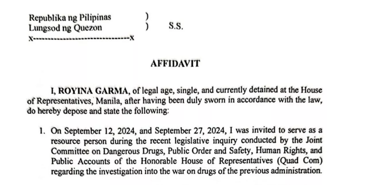 Affidavit of Royina Garma on Davao-style rewards in war on drugs