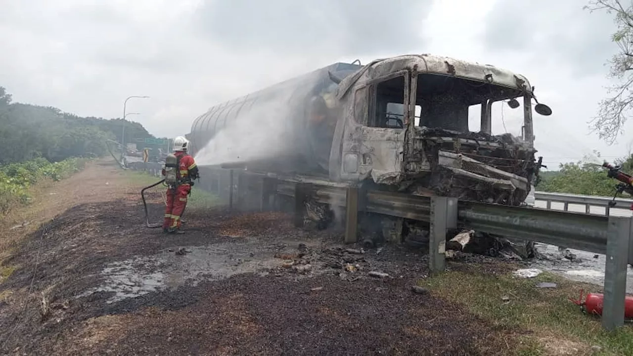 Lori bawa minyak sawit terbakar selepas terbabas masuk laluan bertentangan