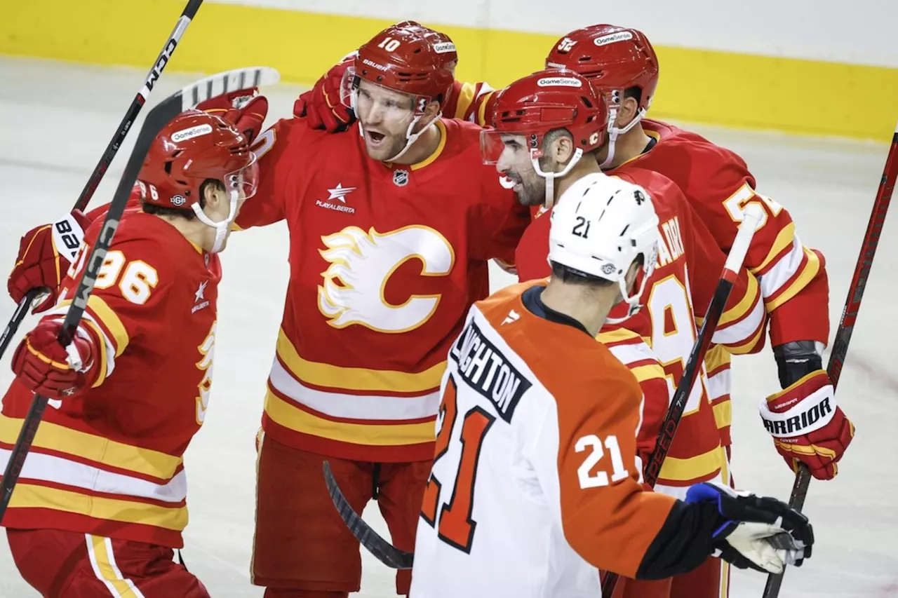 Huberdeau scores twice, Wolf has 37 saves in Flames' 6-3 win over Flyers