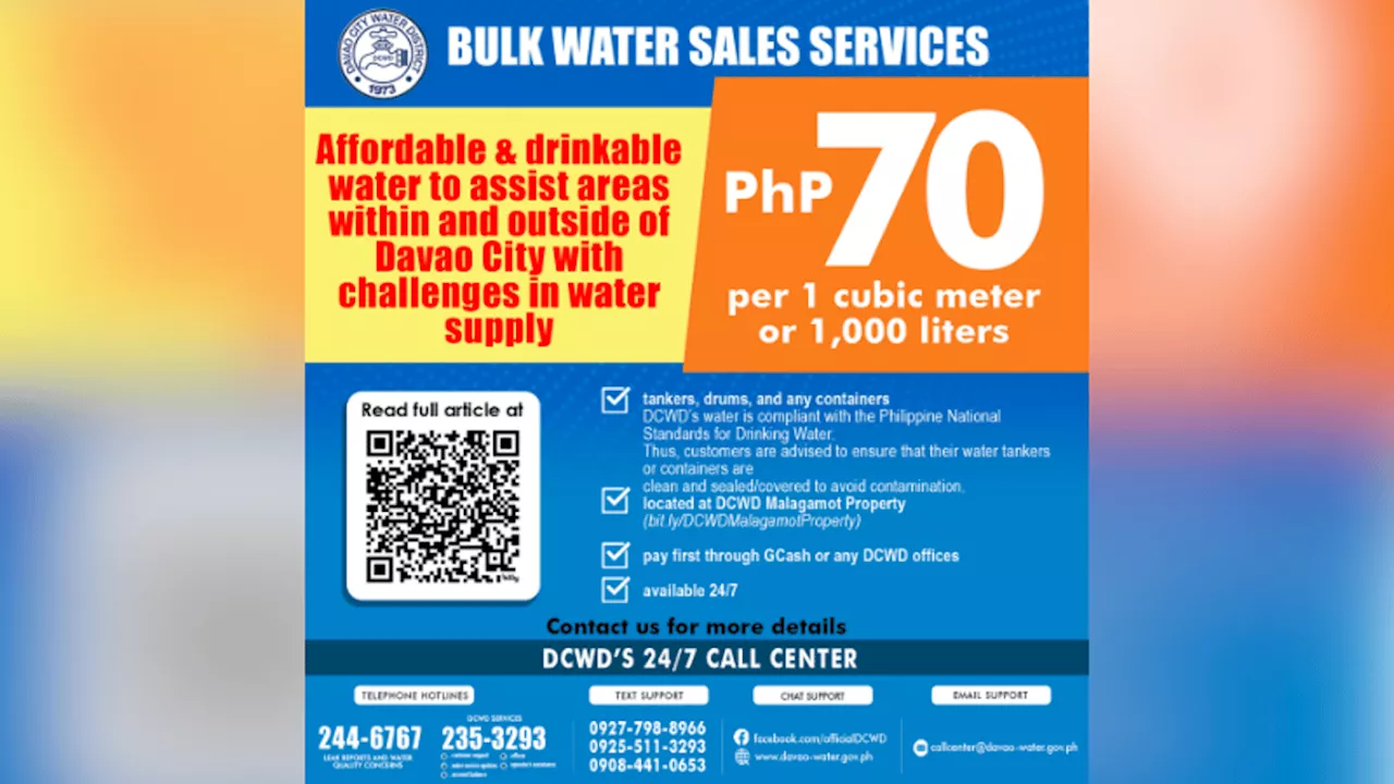 DCWD offers drinkable bulk water at P70 per 1,000 liters