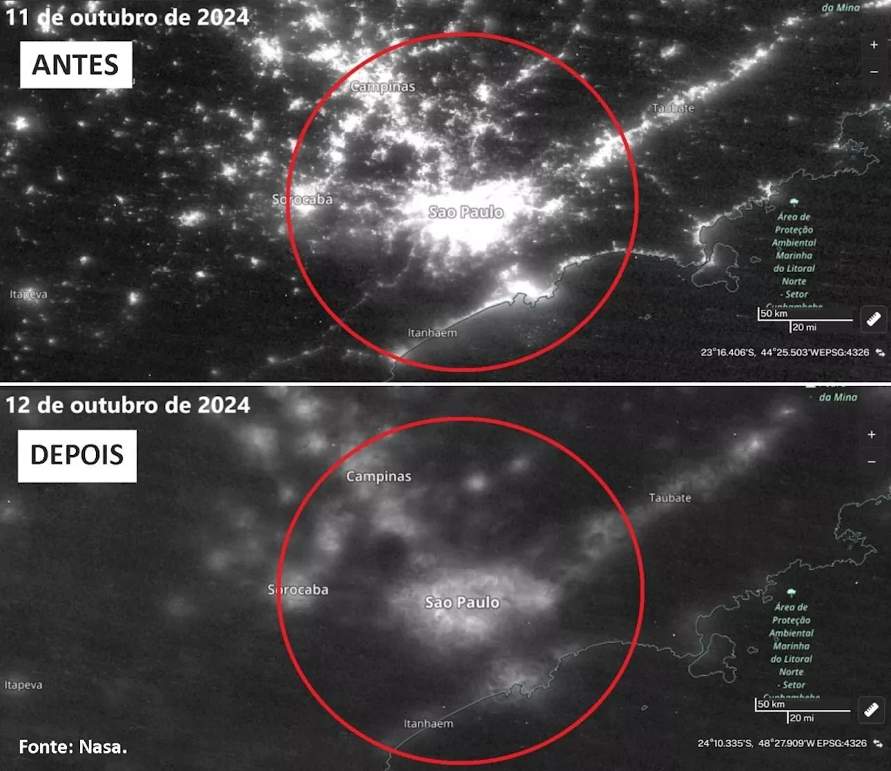 Imagens da Nasa mostram o impacto do apagão na Grande São Paulo; confira