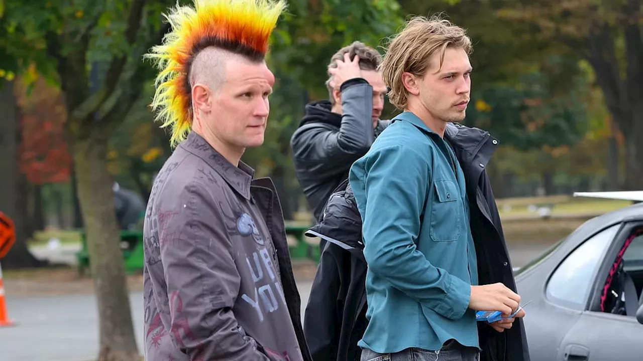 Austin Butler and Matt Smith are spotted in colorful attire on the New York City set of Caught...