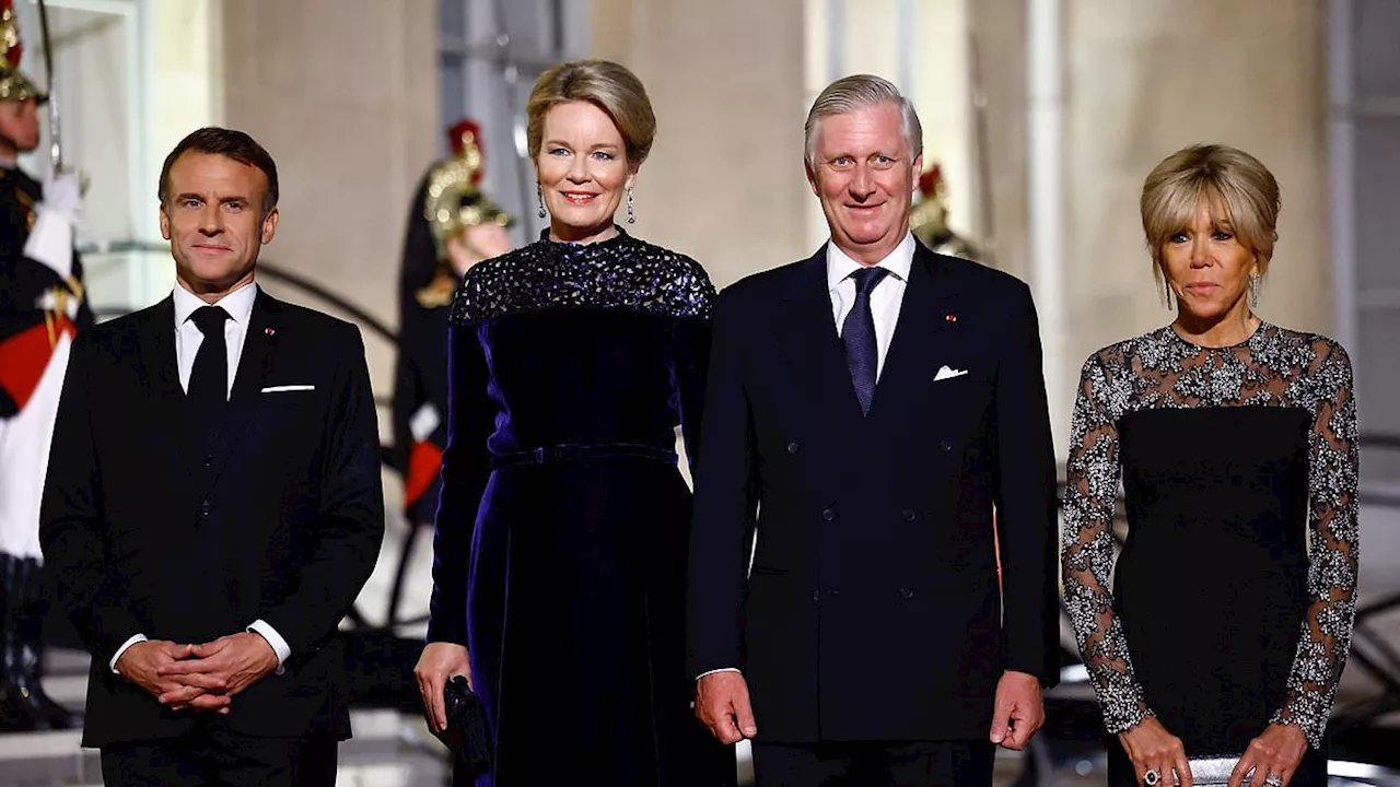 Queen Mathilde of Belgium glows in velour gown as she and King Philippe attend state dinner hosted...