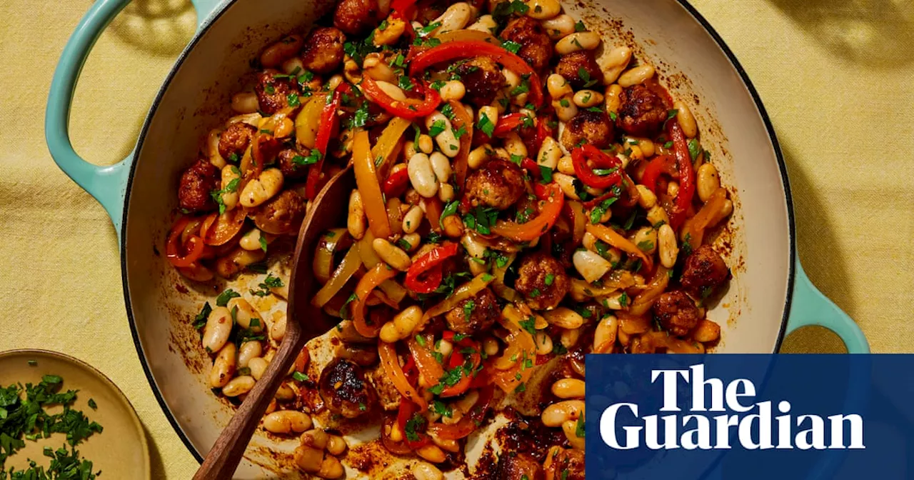 Georgina Hayden’s recipe for sausage meatballs with beans and caramelised peppers