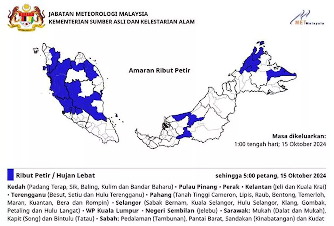 Thunderstorm, heavy rain warning for Selangor, KL and other states extended to 5pm