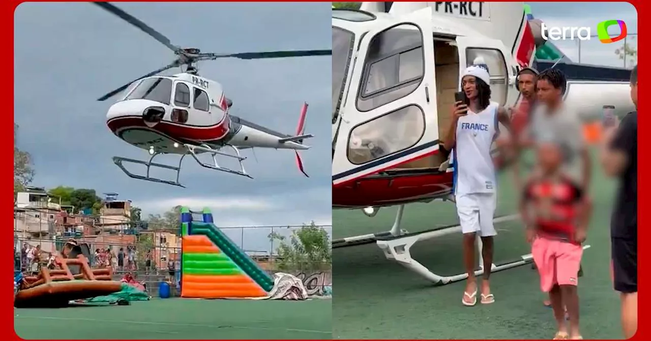 Rapper Oruam gera polêmica ao pousar de helicóptero em quadra repleta de crianças no RJ; veja o vídeo