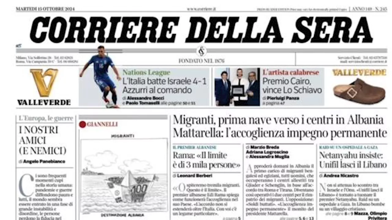 Corriere della Sera in prima pagina: 'L'Italia batte Israele 4-1: azzurri al comando'