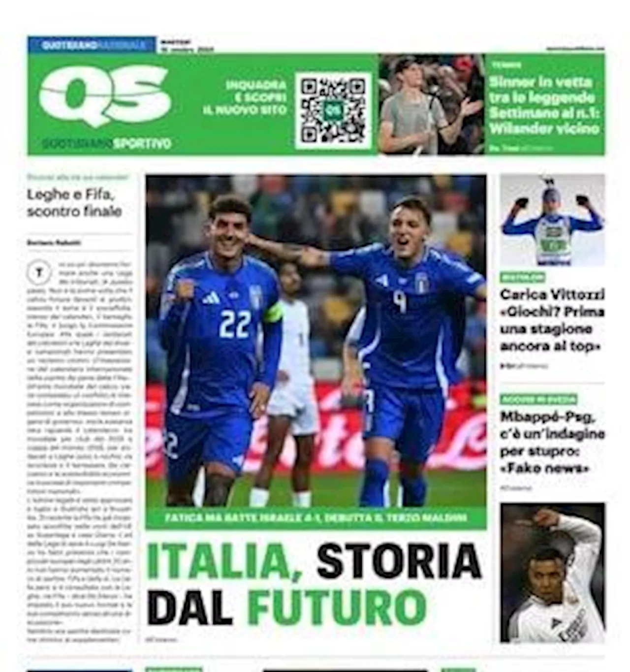 Nazionale e non solo nella prima pagina di QS: 'Occhi sul futuro per Inter e Milan'